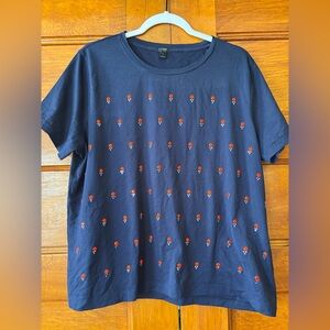 J. Crew Women’s Navy Blue T-Shirt with Orange and White Embellishments